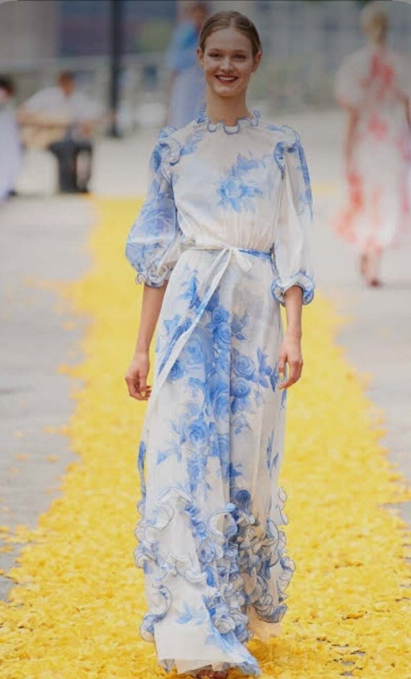 $2300 Lela Rose Vogue Blue White Floral Chiffon Ruffle Tiered Hem Maxi Dress